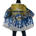 Personalized Parramatta Eels Cloak Y2K Grunge Aesthetic With Cyber Flames and Starburst Graphics