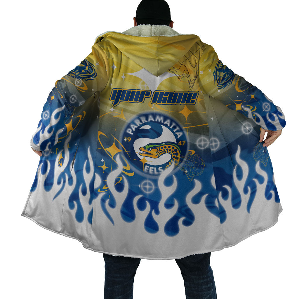 Personalized Parramatta Eels Cloak Y2K Grunge Aesthetic With Cyber Flames and Starburst Graphics