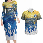 Personalized Parramatta Eels Couples Matching Long Sleeve Bodycon Dress and Hawaiian Shirt Y2K Grunge Aesthetic With Cyber Flames and Starburst Graphics