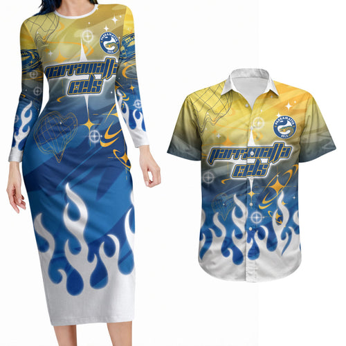 Personalized Parramatta Eels Couples Matching Long Sleeve Bodycon Dress and Hawaiian Shirt Y2K Grunge Aesthetic With Cyber Flames and Starburst Graphics