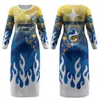 Personalized Parramatta Eels Couples Matching Long Sleeve Bodycon Dress and Hawaiian Shirt Y2K Grunge Aesthetic With Cyber Flames and Starburst Graphics