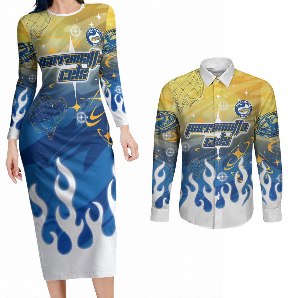 Personalized Parramatta Eels Couples Matching Long Sleeve Bodycon Dress and Long Sleeve Button Shirt Y2K Grunge Aesthetic With Cyber Flames and Starburst Graphics