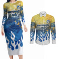 Personalized Parramatta Eels Couples Matching Long Sleeve Bodycon Dress and Long Sleeve Button Shirt Y2K Grunge Aesthetic With Cyber Flames and Starburst Graphics