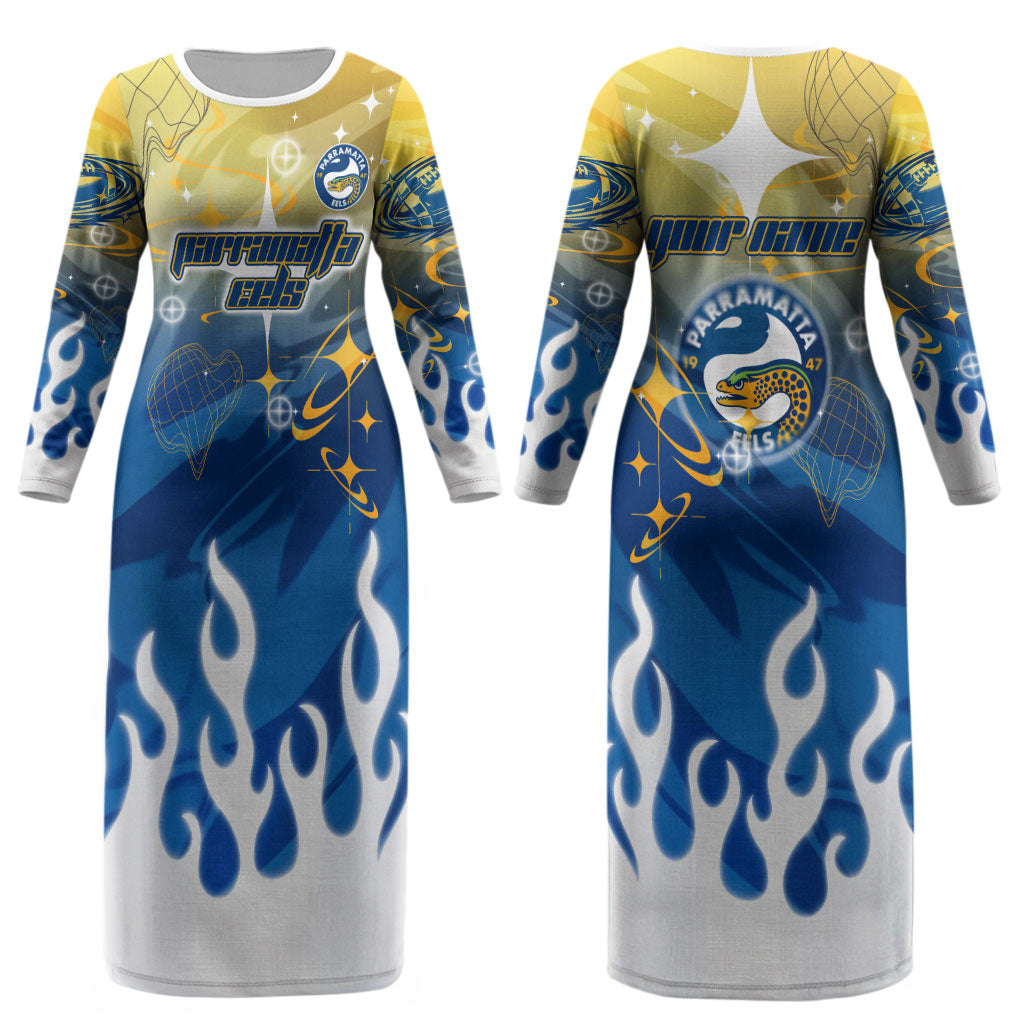 Personalized Parramatta Eels Couples Matching Long Sleeve Bodycon Dress and Long Sleeve Button Shirt Y2K Grunge Aesthetic With Cyber Flames and Starburst Graphics