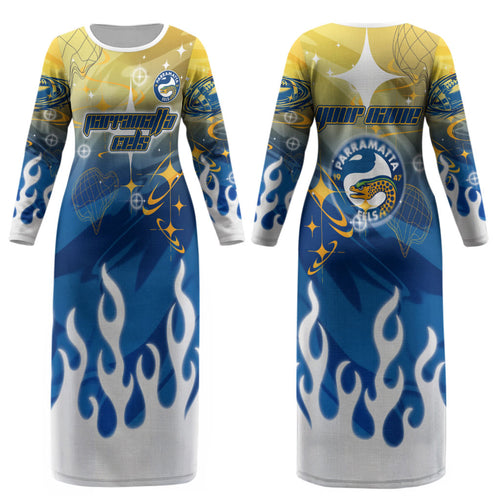 Personalized Parramatta Eels Couples Matching Long Sleeve Bodycon Dress and Long Sleeve Button Shirt Y2K Grunge Aesthetic With Cyber Flames and Starburst Graphics