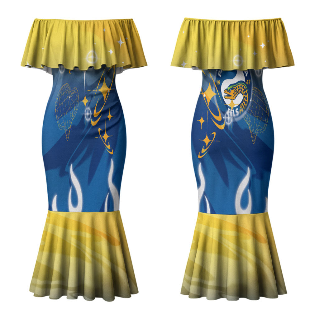 Personalized Parramatta Eels Couples Matching Mermaid Dress and Long Sleeve Button Shirt Y2K Grunge Aesthetic With Cyber Flames and Starburst Graphics