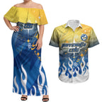 Personalized Parramatta Eels Couples Matching Off Shoulder Maxi Dress and Hawaiian Shirt Y2K Grunge Aesthetic With Cyber Flames and Starburst Graphics