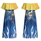 Personalized Parramatta Eels Couples Matching Off Shoulder Maxi Dress and Hawaiian Shirt Y2K Grunge Aesthetic With Cyber Flames and Starburst Graphics