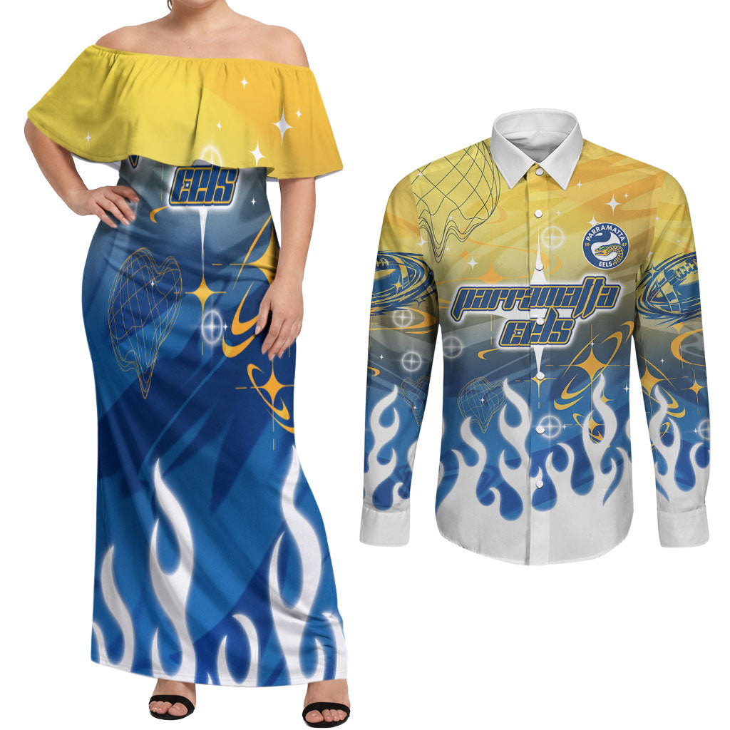 Personalized Parramatta Eels Couples Matching Off Shoulder Maxi Dress and Long Sleeve Button Shirt Y2K Grunge Aesthetic With Cyber Flames and Starburst Graphics