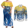 Personalized Parramatta Eels Couples Matching Off Shoulder Maxi Dress and Long Sleeve Button Shirt Y2K Grunge Aesthetic With Cyber Flames and Starburst Graphics