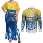 Personalized Parramatta Eels Couples Matching Off Shoulder Maxi Dress and Long Sleeve Button Shirt Y2K Grunge Aesthetic With Cyber Flames and Starburst Graphics