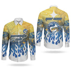 Personalized Parramatta Eels Couples Matching Off Shoulder Maxi Dress and Long Sleeve Button Shirt Y2K Grunge Aesthetic With Cyber Flames and Starburst Graphics