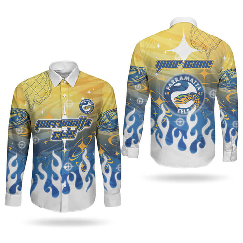 Personalized Parramatta Eels Couples Matching Off Shoulder Maxi Dress and Long Sleeve Button Shirt Y2K Grunge Aesthetic With Cyber Flames and Starburst Graphics