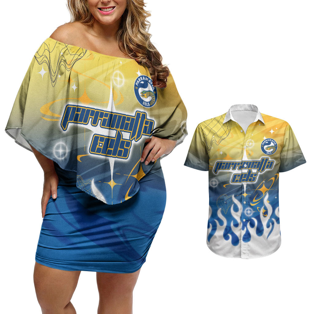 Personalized Parramatta Eels Couples Matching Off Shoulder Short Dress and Hawaiian Shirt Y2K Grunge Aesthetic With Cyber Flames and Starburst Graphics