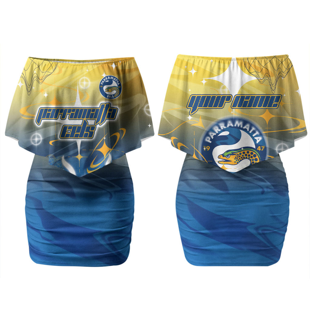 Personalized Parramatta Eels Couples Matching Off Shoulder Short Dress and Hawaiian Shirt Y2K Grunge Aesthetic With Cyber Flames and Starburst Graphics