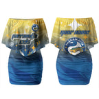 Personalized Parramatta Eels Couples Matching Off Shoulder Short Dress and Hawaiian Shirt Y2K Grunge Aesthetic With Cyber Flames and Starburst Graphics