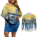 Personalized Parramatta Eels Couples Matching Off Shoulder Short Dress and Long Sleeve Button Shirt Y2K Grunge Aesthetic With Cyber Flames and Starburst Graphics