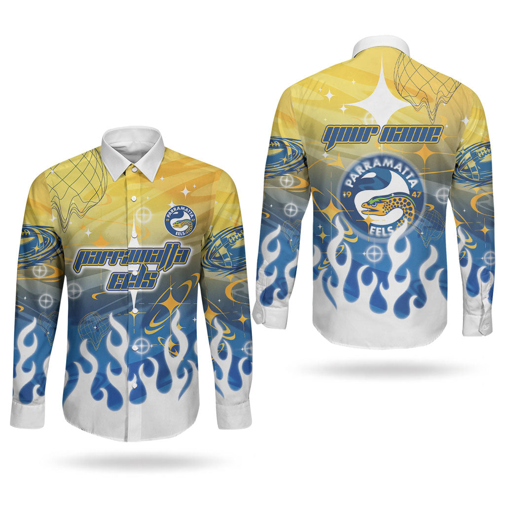 Personalized Parramatta Eels Couples Matching Off Shoulder Short Dress and Long Sleeve Button Shirt Y2K Grunge Aesthetic With Cyber Flames and Starburst Graphics