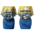 Personalized Parramatta Eels Couples Matching Off Shoulder Short Dress and Long Sleeve Button Shirt Y2K Grunge Aesthetic With Cyber Flames and Starburst Graphics
