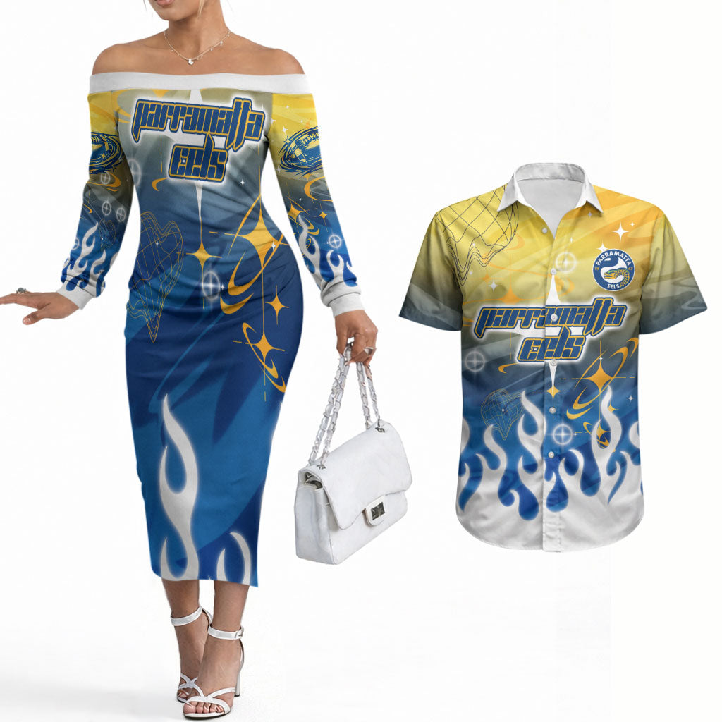 Personalized Parramatta Eels Couples Matching Off The Shoulder Long Sleeve Dress and Hawaiian Shirt Y2K Grunge Aesthetic With Cyber Flames and Starburst Graphics