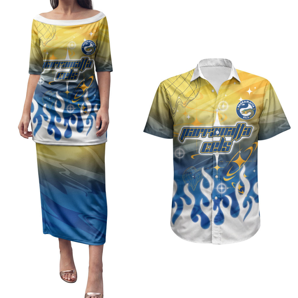 Personalized Parramatta Eels Couples Matching Puletasi and Hawaiian Shirt Y2K Grunge Aesthetic With Cyber Flames and Starburst Graphics