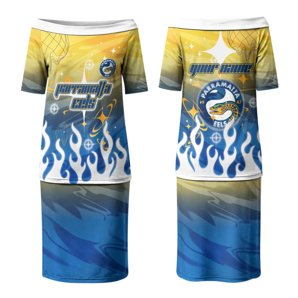 Personalized Parramatta Eels Couples Matching Puletasi and Hawaiian Shirt Y2K Grunge Aesthetic With Cyber Flames and Starburst Graphics