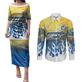 Personalized Parramatta Eels Couples Matching Puletasi and Long Sleeve Button Shirt Y2K Grunge Aesthetic With Cyber Flames and Starburst Graphics