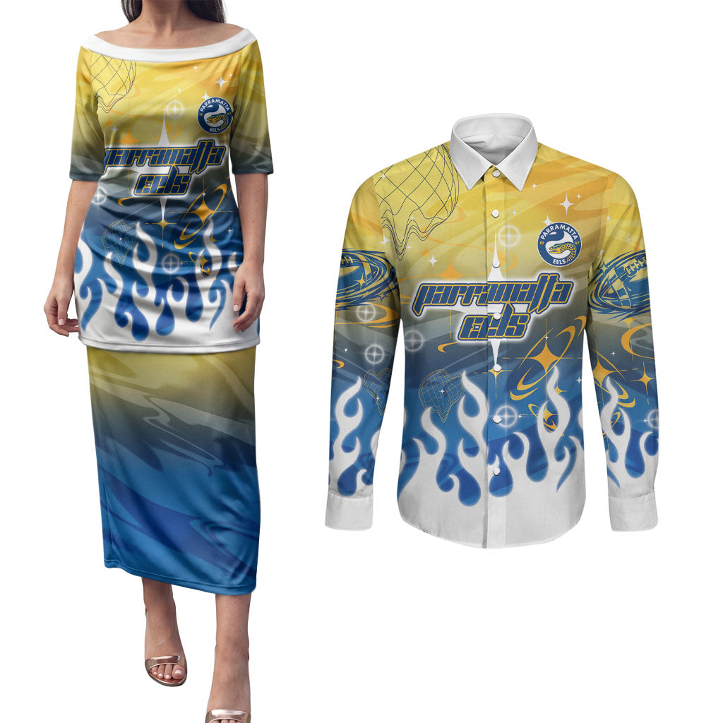 Personalized Parramatta Eels Couples Matching Puletasi and Long Sleeve Button Shirt Y2K Grunge Aesthetic With Cyber Flames and Starburst Graphics