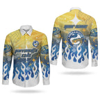 Personalized Parramatta Eels Couples Matching Puletasi and Long Sleeve Button Shirt Y2K Grunge Aesthetic With Cyber Flames and Starburst Graphics