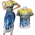 Personalized Parramatta Eels Couples Matching Short Sleeve Bodycon Dress and Hawaiian Shirt Y2K Grunge Aesthetic With Cyber Flames and Starburst Graphics