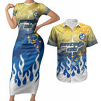 Personalized Parramatta Eels Couples Matching Short Sleeve Bodycon Dress and Hawaiian Shirt Y2K Grunge Aesthetic With Cyber Flames and Starburst Graphics