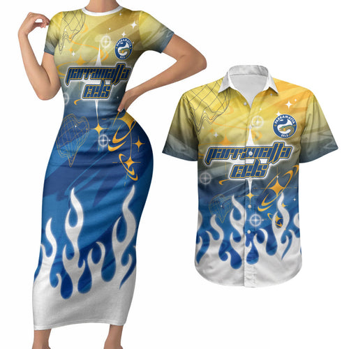 Personalized Parramatta Eels Couples Matching Short Sleeve Bodycon Dress and Hawaiian Shirt Y2K Grunge Aesthetic With Cyber Flames and Starburst Graphics