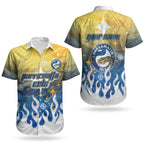 Personalized Parramatta Eels Couples Matching Short Sleeve Bodycon Dress and Hawaiian Shirt Y2K Grunge Aesthetic With Cyber Flames and Starburst Graphics