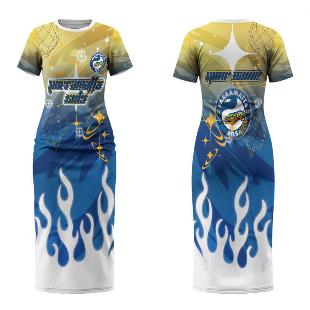Personalized Parramatta Eels Couples Matching Short Sleeve Bodycon Dress and Hawaiian Shirt Y2K Grunge Aesthetic With Cyber Flames and Starburst Graphics