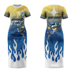 Personalized Parramatta Eels Couples Matching Short Sleeve Bodycon Dress and Hawaiian Shirt Y2K Grunge Aesthetic With Cyber Flames and Starburst Graphics