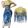 Personalized Parramatta Eels Couples Matching Short Sleeve Bodycon Dress and Long Sleeve Button Shirt Y2K Grunge Aesthetic With Cyber Flames and Starburst Graphics