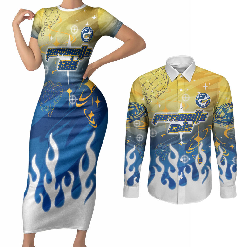 Personalized Parramatta Eels Couples Matching Short Sleeve Bodycon Dress and Long Sleeve Button Shirt Y2K Grunge Aesthetic With Cyber Flames and Starburst Graphics