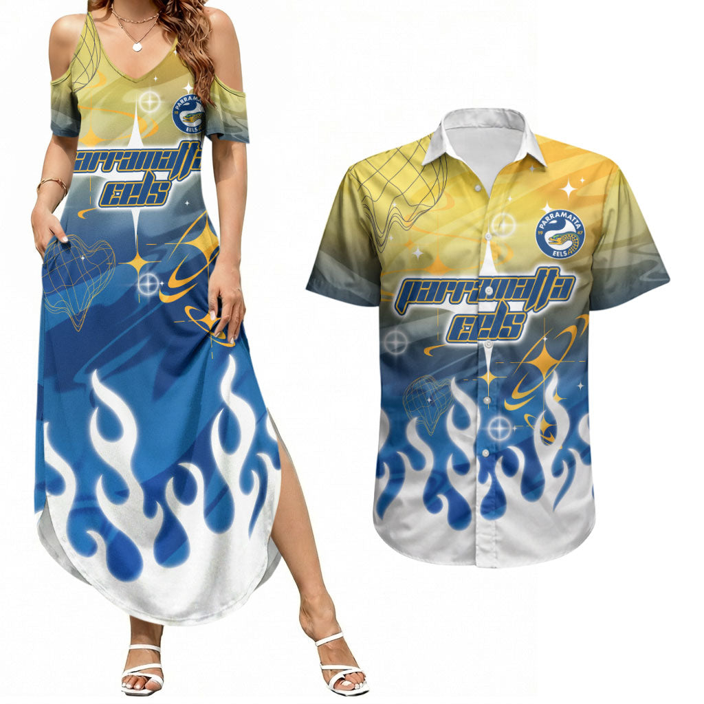 Personalized Parramatta Eels Couples Matching Summer Maxi Dress and Hawaiian Shirt Y2K Grunge Aesthetic With Cyber Flames and Starburst Graphics