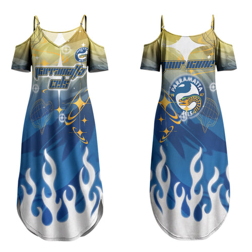 Personalized Parramatta Eels Couples Matching Summer Maxi Dress and Hawaiian Shirt Y2K Grunge Aesthetic With Cyber Flames and Starburst Graphics