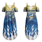 Personalized Parramatta Eels Couples Matching Summer Maxi Dress and Long Sleeve Button Shirt Y2K Grunge Aesthetic With Cyber Flames and Starburst Graphics