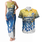 Personalized Parramatta Eels Couples Matching Tank Maxi Dress and Hawaiian Shirt Y2K Grunge Aesthetic With Cyber Flames and Starburst Graphics