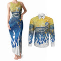 Personalized Parramatta Eels Couples Matching Tank Maxi Dress and Long Sleeve Button Shirt Y2K Grunge Aesthetic With Cyber Flames and Starburst Graphics