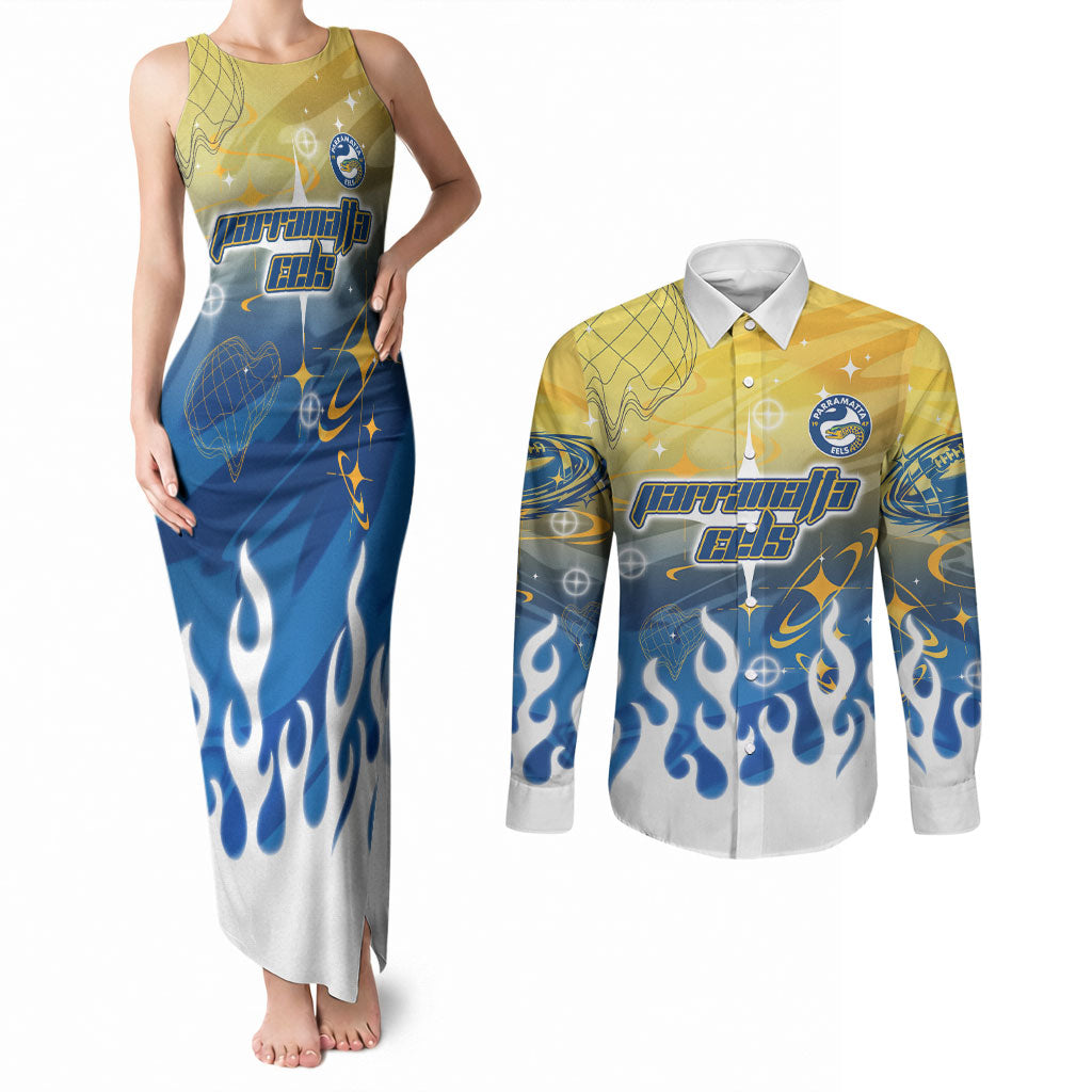 Personalized Parramatta Eels Couples Matching Tank Maxi Dress and Long Sleeve Button Shirt Y2K Grunge Aesthetic With Cyber Flames and Starburst Graphics