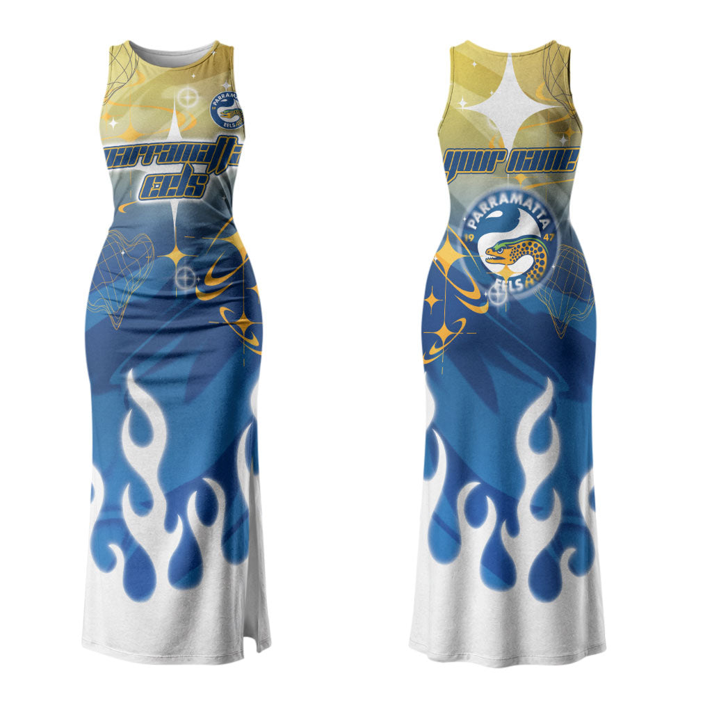Personalized Parramatta Eels Couples Matching Tank Maxi Dress and Long Sleeve Button Shirt Y2K Grunge Aesthetic With Cyber Flames and Starburst Graphics