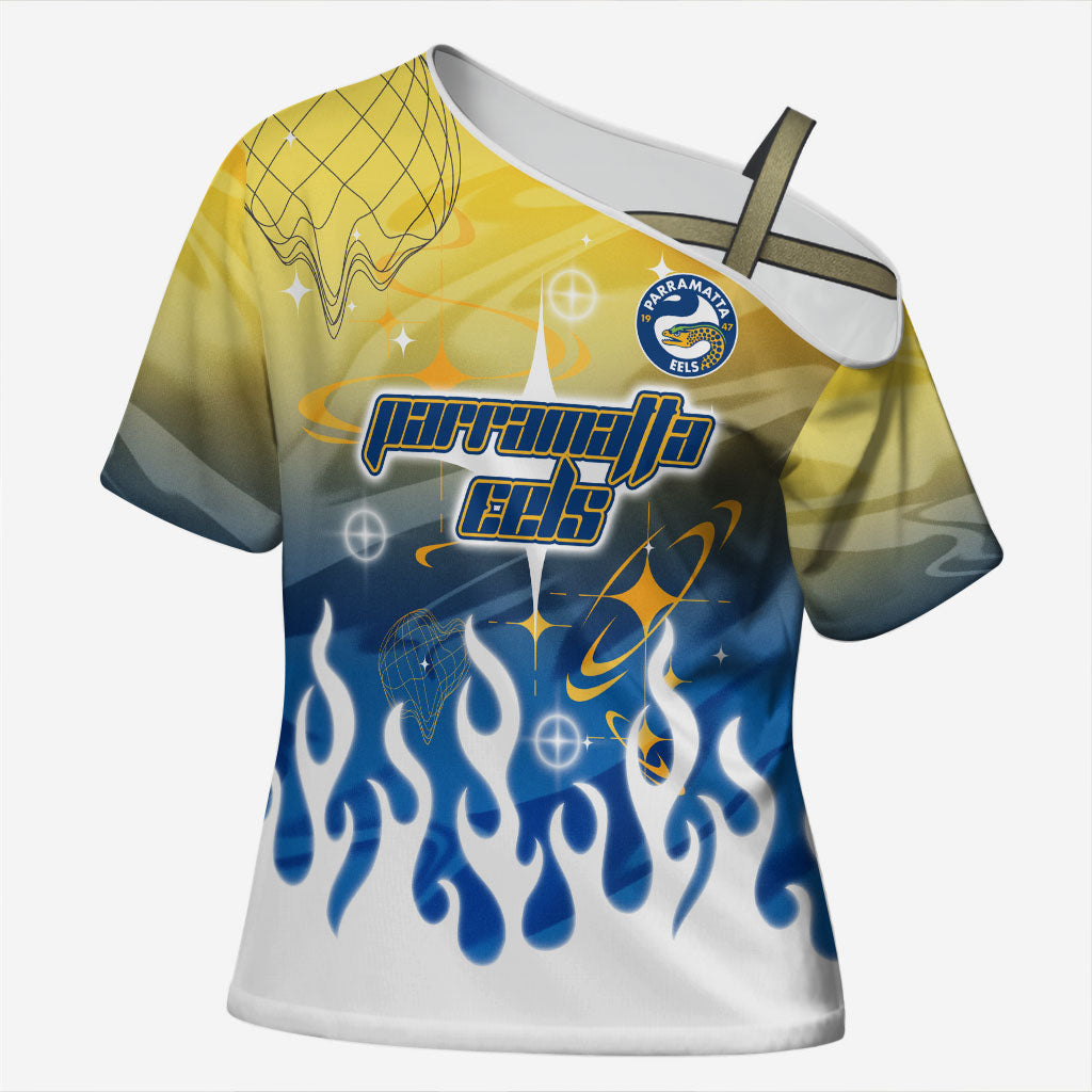 Personalized Parramatta Eels Cross Shoulder Shirt Y2K Grunge Aesthetic With Cyber Flames and Starburst Graphics