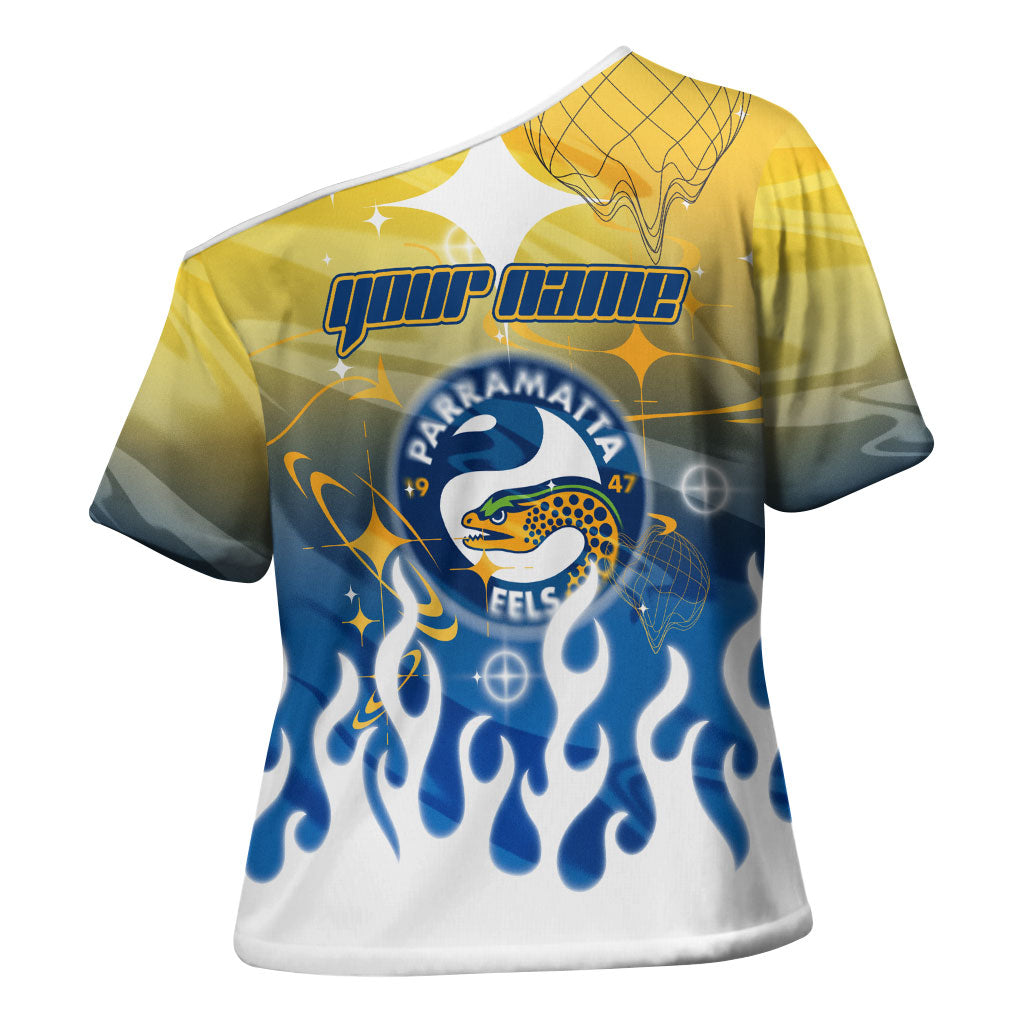 Personalized Parramatta Eels Cross Shoulder Shirt Y2K Grunge Aesthetic With Cyber Flames and Starburst Graphics