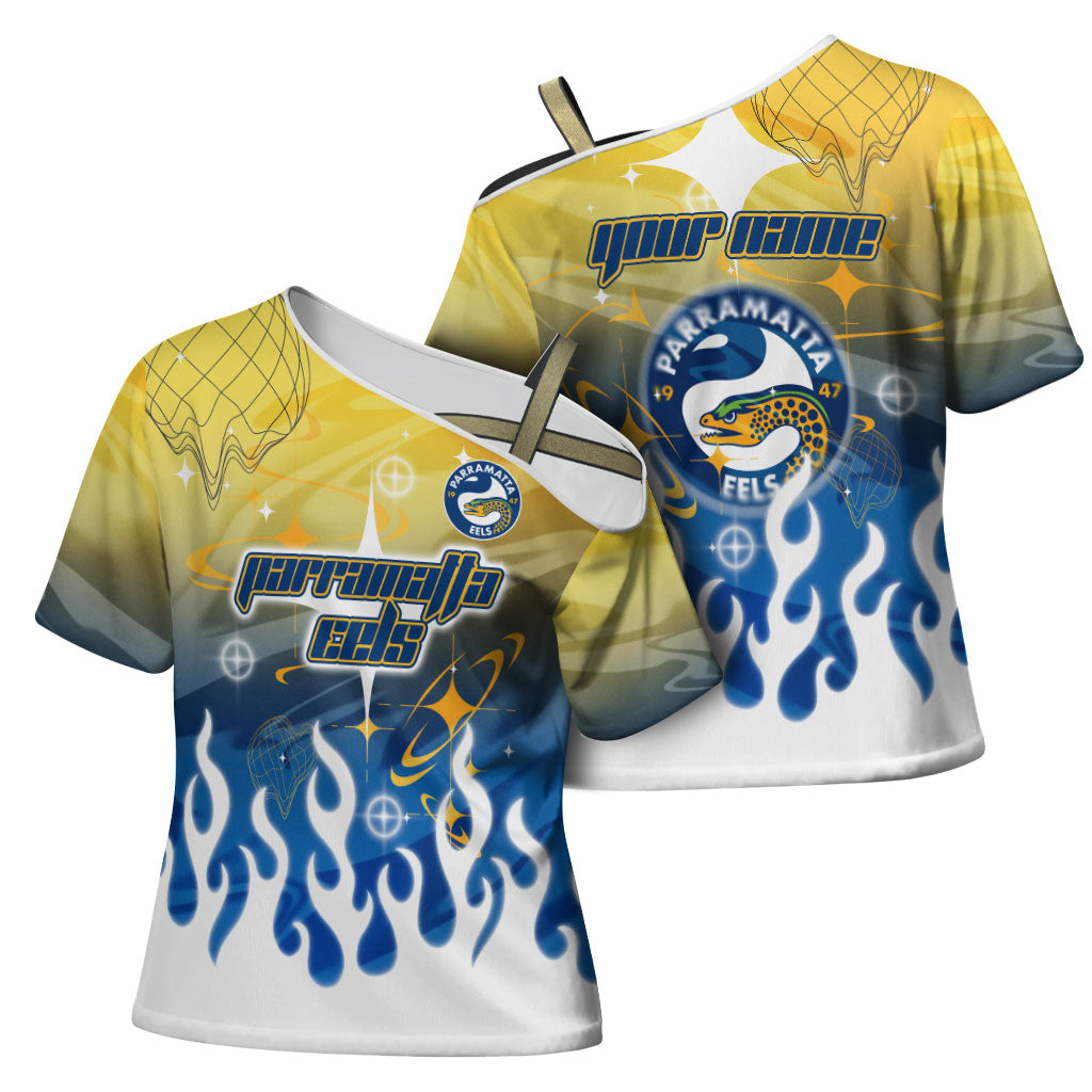 Personalized Parramatta Eels Cross Shoulder Shirt Y2K Grunge Aesthetic With Cyber Flames and Starburst Graphics