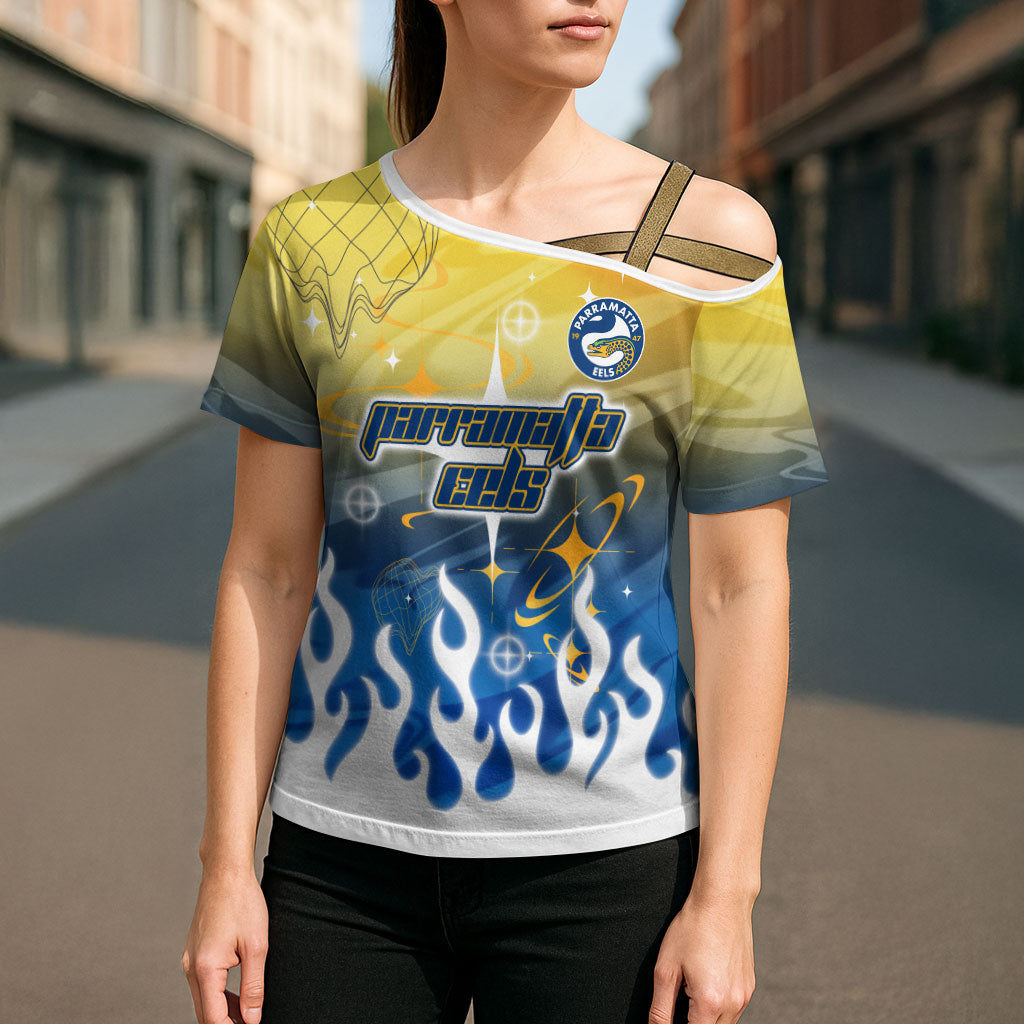 Personalized Parramatta Eels Cross Shoulder Shirt Y2K Grunge Aesthetic With Cyber Flames and Starburst Graphics