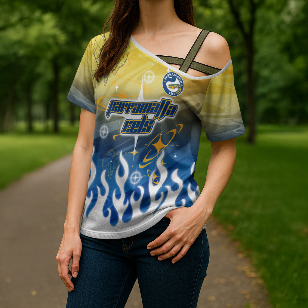 Personalized Parramatta Eels Cross Shoulder Shirt Y2K Grunge Aesthetic With Cyber Flames and Starburst Graphics