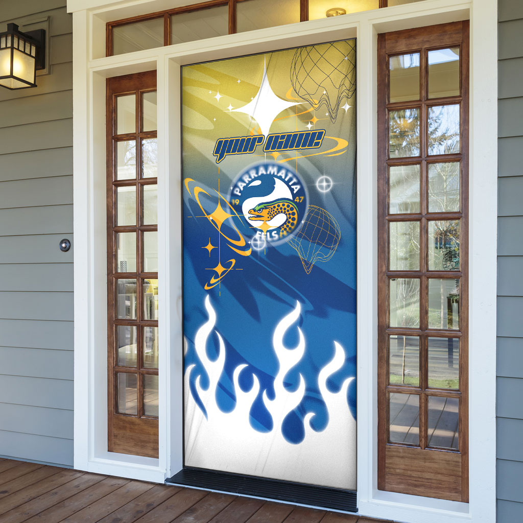 Personalized Parramatta Eels Door Cover Y2K Grunge Aesthetic With Cyber Flames and Starburst Graphics